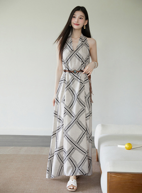 TomorrowRose莱赛尔亚麻海岛度假几何印花无袖挂脖连衣裙2512072
