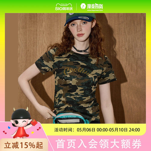 coolhut美式复古迷彩修身辣妹纯棉2025夏季女式T恤休闲显瘦短袖