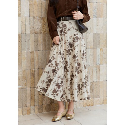 谜秀杏色印花半裙女秋冬冬款女装高腰A字长裙水墨感复古裙MXE47B2438