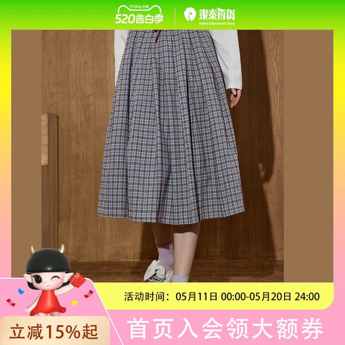 coolhut2025秋季女式时尚格纹百褶裙松紧腰头花边半身裙