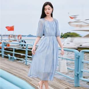 香影绝美蓝色连衣裙女2025夏季新款超好看仙女收腰度假风海边裙子