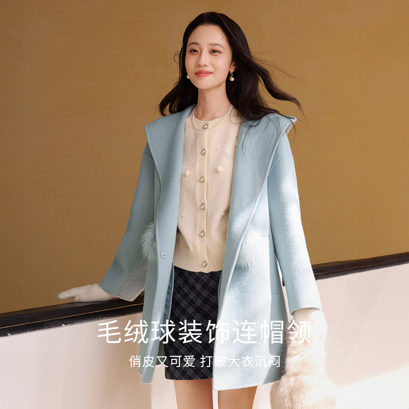 香影白色连帽双面呢羊毛大衣女2025冬季新款中长轻甜斗篷毛呢外套