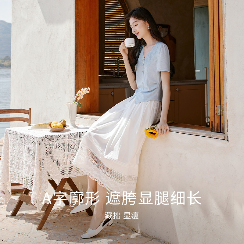 香影白色伞裙半身裙女垂感2025夏装新款高腰蕾丝法式小白裙a字裙