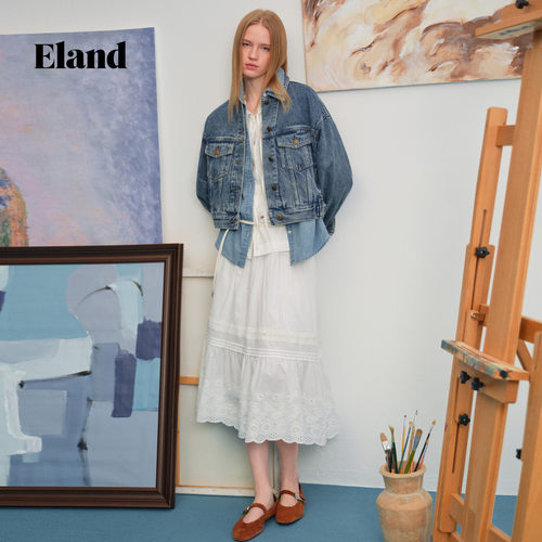 【100%棉】Eland衣恋半身裙女收腰百褶裙蕾丝边A字裙2026春夏