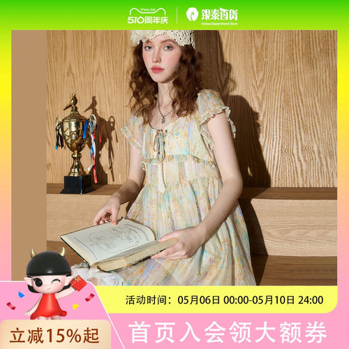 coolhut蕾丝拼接油画风晕染甜美碎花短袖2025夏季连衣裙A字