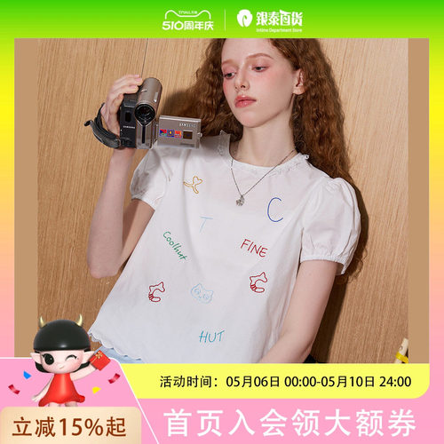 coolhut纯棉童趣字母刺绣泡泡袖花边短袖休闲2025夏季女式衬衫