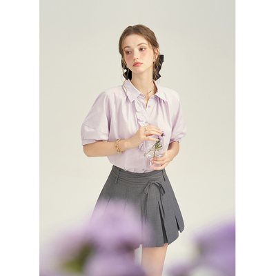 谜秀设计感小众花边泡泡袖衬衫女气质通勤显瘦MPD21C0233