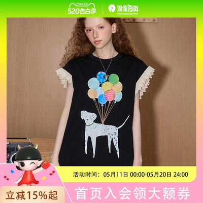 coolhut撞色花边趣味印花圆领2025夏季女式T恤短袖宽松少女