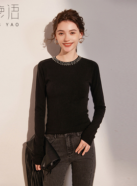 白鹿语钉珠圆领修身针织衫2024秋款气质优雅微弹长袖打底上衣女BL10308