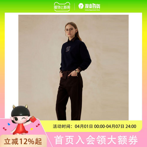 Eland衣恋卫衣女学院风圆领落肩露脐刺绣短款上衣秋季EEMTE49B01