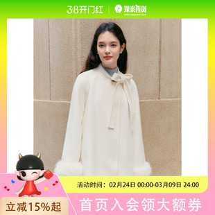 乐町富家千金双面呢斗篷羊毛大衣2024冬季蝴蝶结新年战袍外套