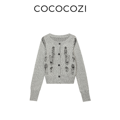 COCOCOZI秋季短款破洞小香针织衫圆领慵懒松弛感针织开衫253CO533M