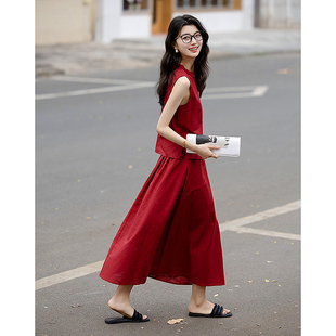 dme德玛纳【天然亚麻棉竹节布】法式圆领无袖上衣木耳边半裙套装两件套G540221680210