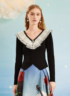 COVEN GARDEN/哥文花园黑色雪纺娃娃领针织衫女上衣