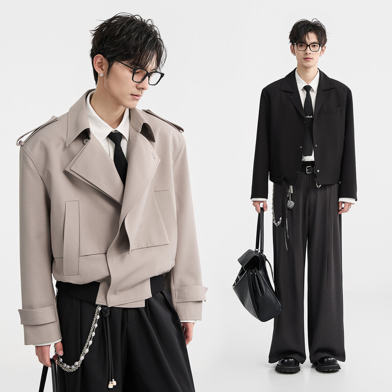 【双层翻领设计感】BJZE男装25春季时尚肩章风衣短款韩版宽松外套