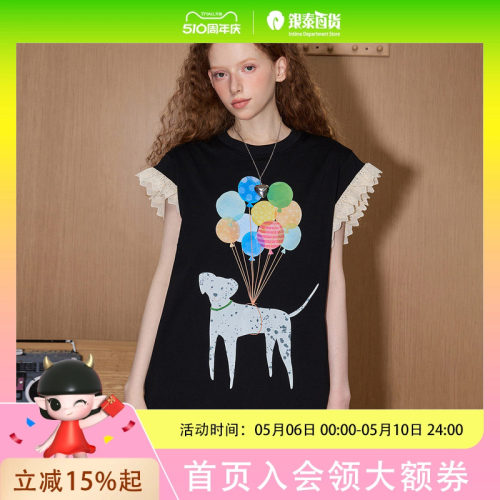coolhut撞色花边趣味印花圆领2025夏季女式T恤短袖宽松少女
