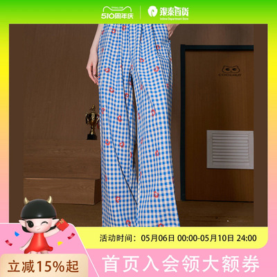 COOLHUT印花格纹直筒彩色慵懒风宽松2025夏季新款女式休闲裤夏日高腰