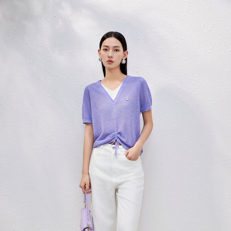 香影v领短袖针织衫女2025春季新款高级感圆领镂空假两件拼接上衣