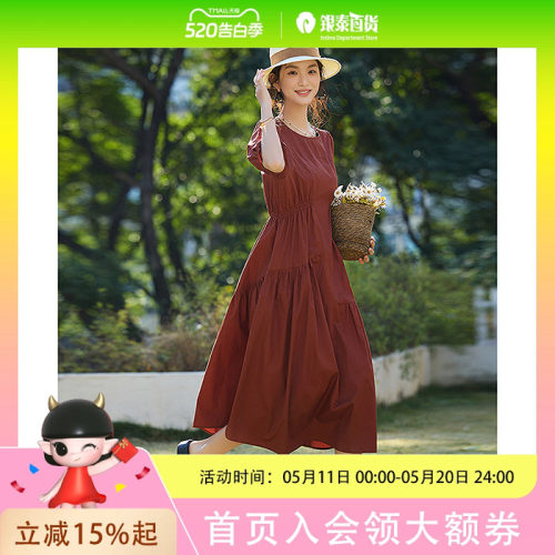 dme德玛纳【温柔纯棉】夏季法式多巴胺圆领碎褶泡泡袖A字中长款女式连衣裙G540221542608