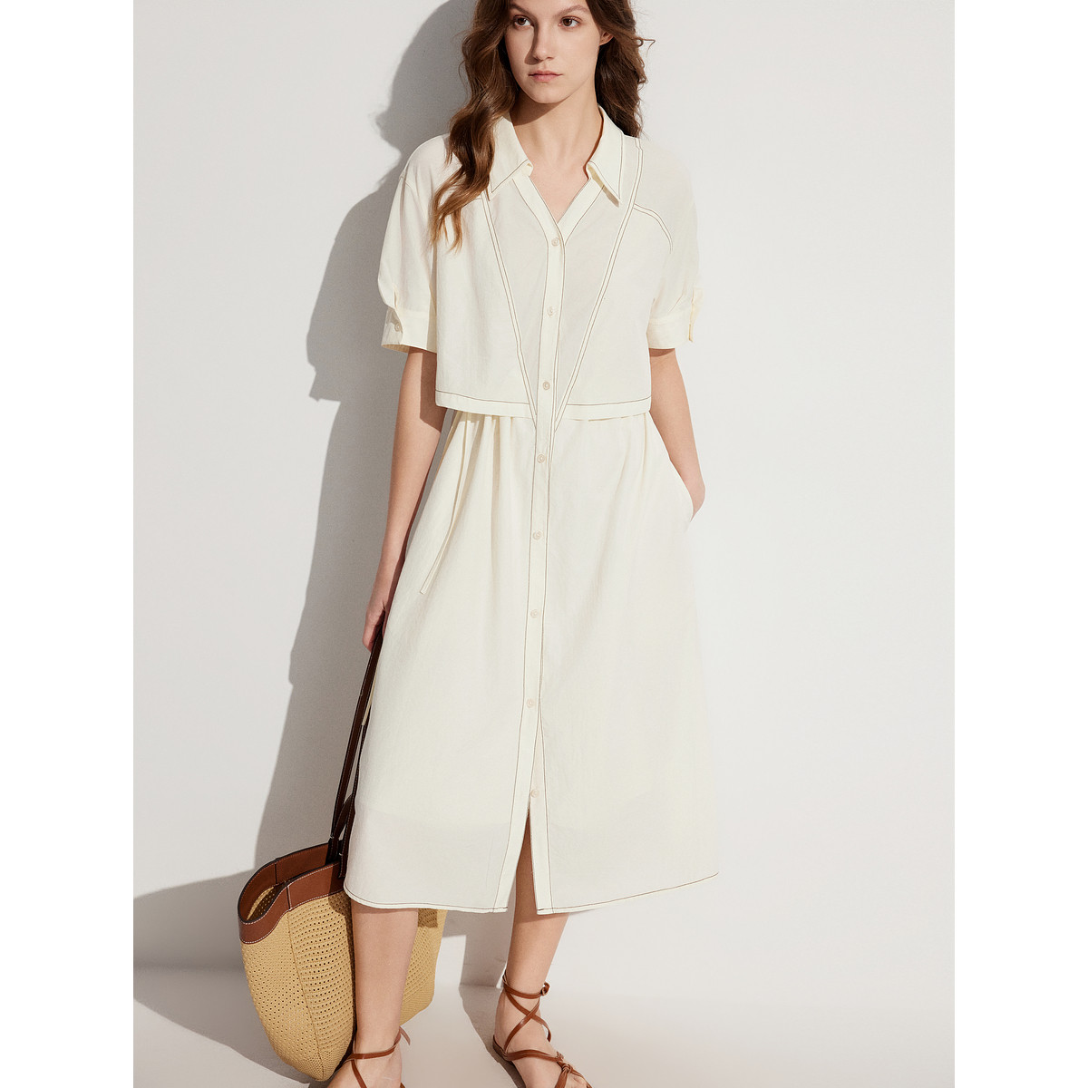 ELLE法式线条感假两件衬衫式连衣裙女2024夏季新中长款气质裙子EL48506