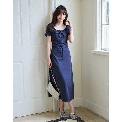 dme德玛纳【美式学院】夏季简约大U领系带舒弹棉氨短袖A字中长款女连衣裙M540221440001