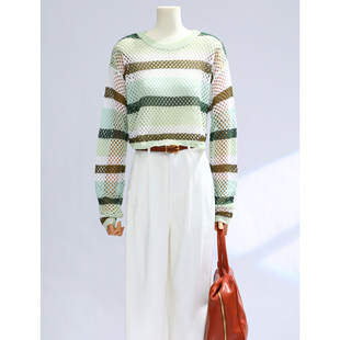 House 上新条纹显瘦罩衫 百家好镂空长袖 2024秋季 多巴胺针织衫 Basic