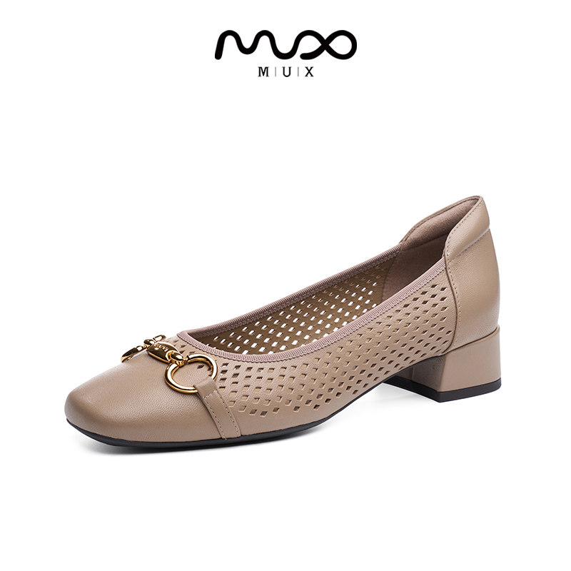 MUX迈思2025春马衔扣浅口羊皮单鞋专柜同款镂空舒适软底粗跟女鞋82166