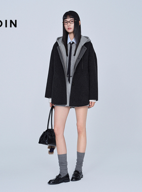 乐町宽松 大衣女撞色连帽宽松外套C2AAF4201