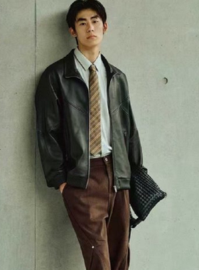 太平鸟男士锋度皮衣立领夹克棕色皮外套B1BDF4F01