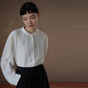 哈齿小姐 露水荷花轻盈薄透衬衫塔克线门襟立领宽松显瘦通勤上衣