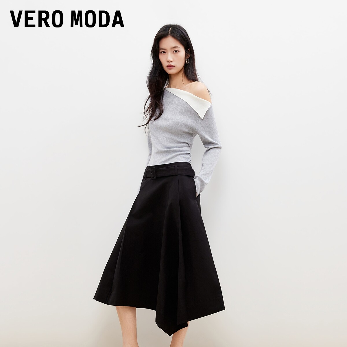 Vero Moda半身裙女2026春季新款含棉A字不规则下摆中长裙326116008