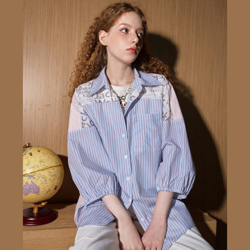 COOLHUT撞色拼接条纹不规则宽松2025春季女式衬衫设计感个性字母
