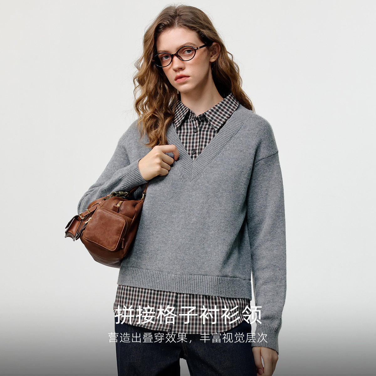 KBNE冬款气质学院风格子拼接衬衫领假两件针织衫上衣751029062