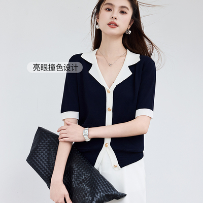VICTORIA&VERA夏季“月蚀剪影”通勤度假短袖针织衫撞色大V领薄款垂感上衣