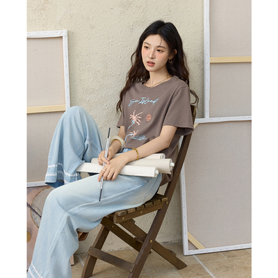 谜秀独特椰树圆领短袖纯棉T恤女小众宽松休闲上衣MXE31T0533