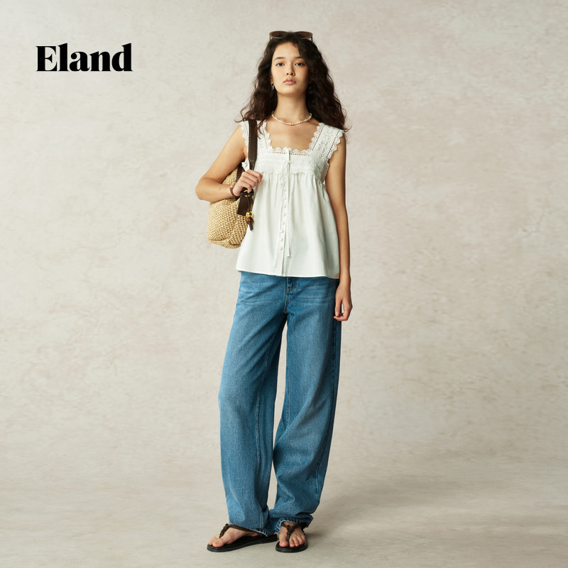 Eland衣恋衬衫女单排扣无袖蕾丝花边胸前系带上衣夏季