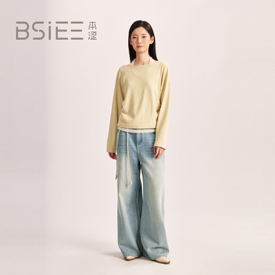 BSiEE本涩2026春 浅黄纯色松弛风挂脖蕾丝拼接长袖宽松型T恤
