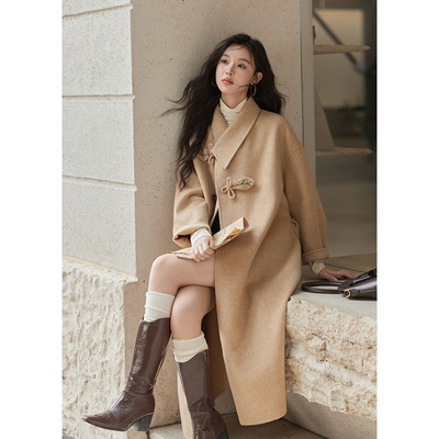谜秀100羊毛牛角扣双面呢长外套女2024秋冬季毛呢大衣MXD55W0679