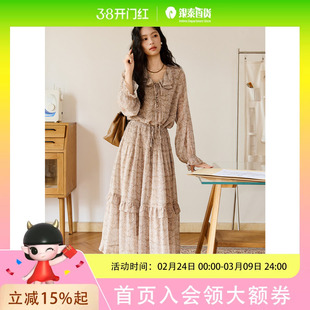 谜秀法式腰果花连衣裙秋季长袖荷叶边系带收腰浪漫温柔风碎花MXE46L2520