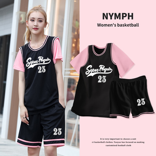 篮球服夏季女套装中学生定制比赛服训练短袖假两件班服篮球衣印号