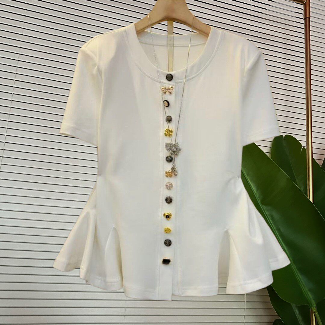 高级感个性纽扣收腰裙摆T恤夏季设计感小众显瘦气质荷叶边上衣