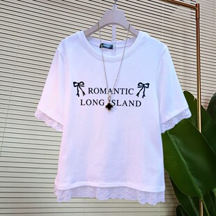 胖mm春季新品韩版甜美字母拼接蕾丝半袖潮流显瘦气质百搭T恤女