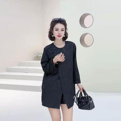 大码女装盘扣肩暗花长袖