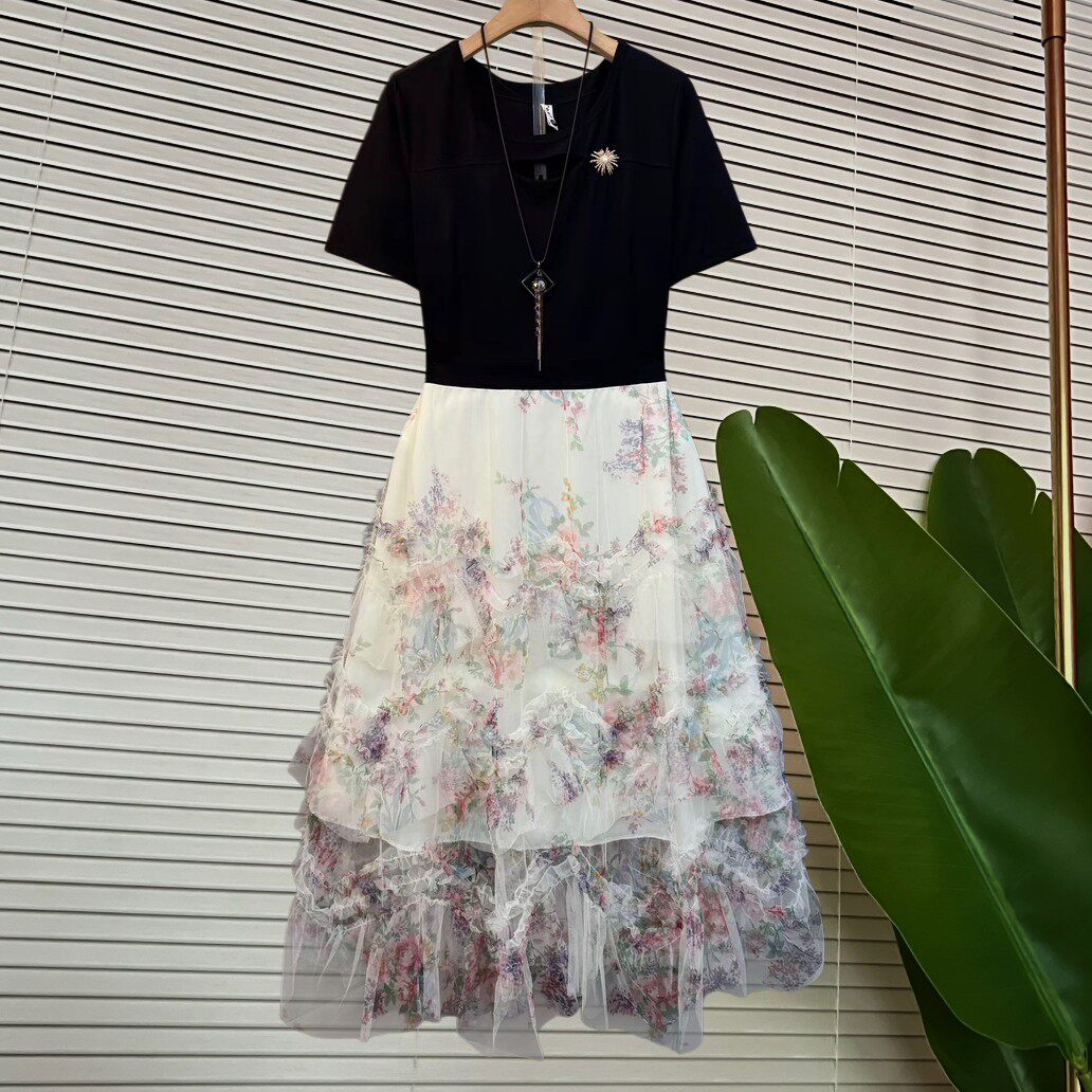 拼接碎花网纱洋装女夏季收腰显瘦系带仙女风不规则蛋糕裙