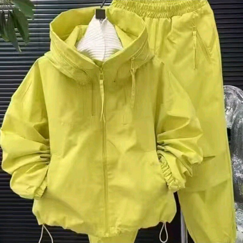 胖妹妹2026春季新款大码女装糖果色拉链连帽长袖外套收脚裤两件套