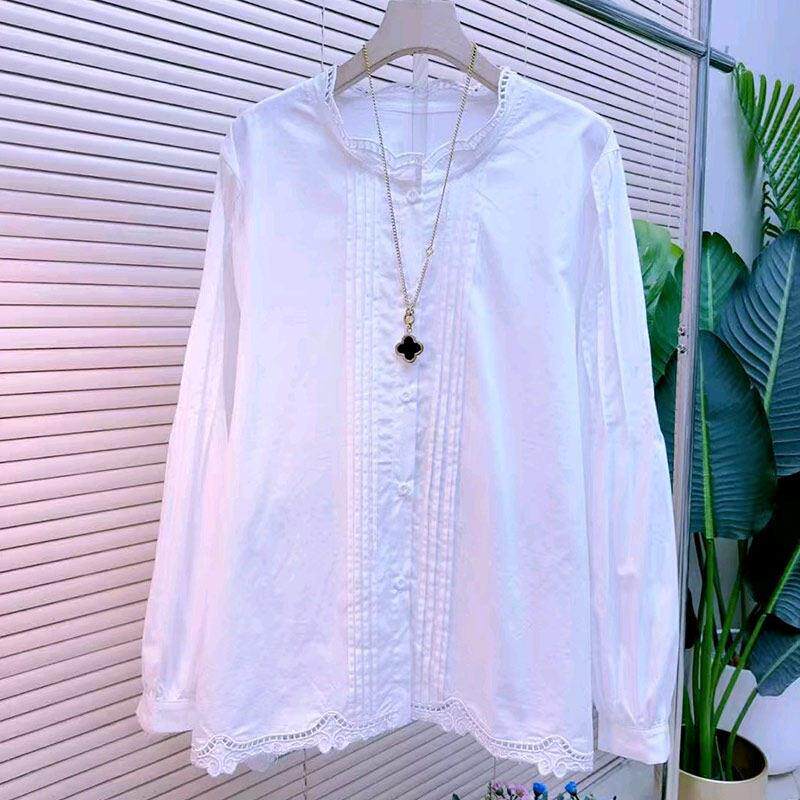 加肥女圆领长袖衬衫胖妹妹白色简约小清新百搭宽松遮肚子小衫上衣