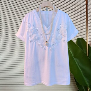 韩版新品洋气百搭重工亮片小众设计V领短袖轻奢刺绣花朵百搭上衣