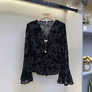 胖妹妹法式 加大码 口暗花小衫 微喇袖 小众设计气质显瘦洋气上衣 女装