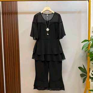 夏季新款时尚盘扣V领短袖上衣裤子气质优雅套装胖妹妹大尺码女装