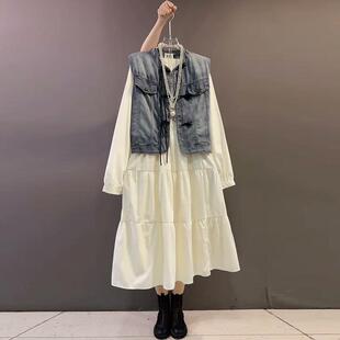 新中式大码女装牛仔盘扣马甲2026春季新款显瘦长袖连衣裙洋气套装